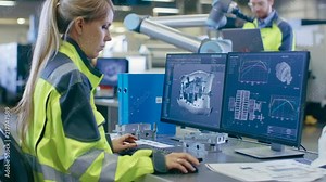 At the Factory: Female Mechanical Engineer Designs 3D Engine on Her Personal Computer, Male Automation Engineer Uses Laptop for Programming Robotic Arm. Shot on RED EPIC-W 8K Helium Cinema Camera. Stock Video