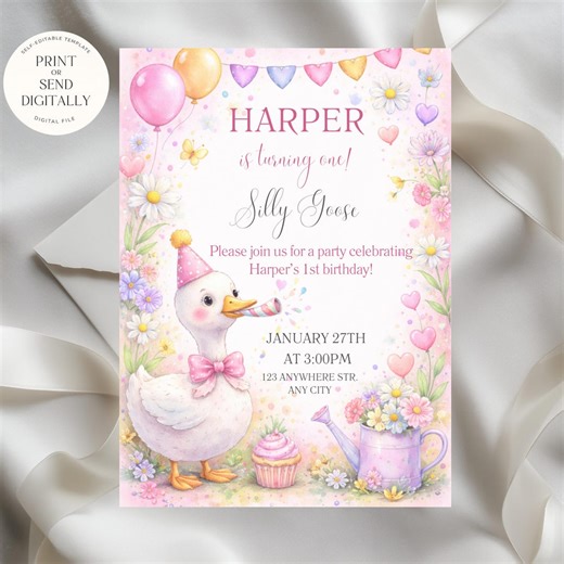 One Silly Goose Birthday Invitation, 1st Birthday Girl Pink Invite Printable, Goose 1st Birthday - Etsy