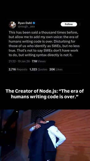 Artificial intelligence (AI) Country on Instagram: "Ryan Dahl, the creator of node.js said that the era of humans writing code is over. He emphasized that while software engineers would still have work, their tasks would no longer involve directly writing syntax."