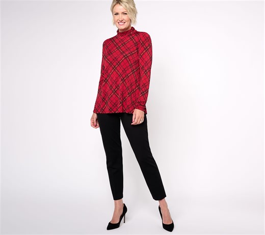 Susan Graver Printed Liquid Knit Mock-Neck A-Line Top Button Trim - QVC.com