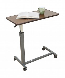 Essential Medical Supply Height Adjustable Overbed Table with Wood Grain Top and Locking Wheels