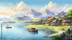 Beautiful nature beach landscape animated background .Beach with palm trees, cloud, boat, cottage seamless looping video animation background.