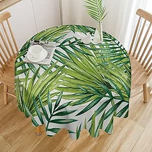 Round Tablecloth, Watercolor Tropical Leaves Palm Polyester Table Cover, for Indoor Holiday Family Banquet and Outdoor Patio Use, 60 Inch