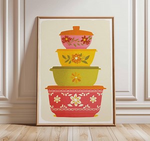 Retro Pyrex Poster, Mid Century Kitchen Wall Art, Vintage Bowl Stack Print, Colorful 70s Home Decor, Retro Kitchen Illustration Poster - Etsy