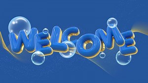 3D Welcome Text with Blue Glossy Letters, Gold Outline, and Floating Bubbles on Abstract Background