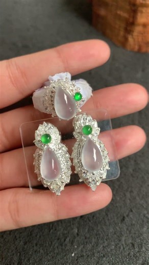 Matching Teardrop Cabochon Jewelry Set - Ring & Earrings with Green Accents