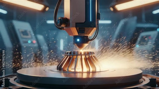 Robotic laser fusing powdered metal into turbine part under warm light, 3d printer, printing process innovation