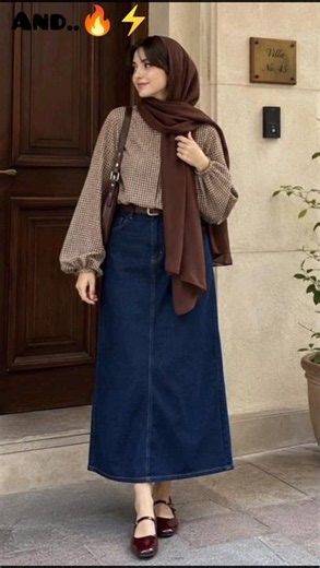 Elegant Hijab Outfit Ideas 💙 Brown Top & Denim Maxi Skirt Look #shorts #hijabfashion #modestfashion