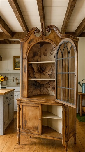 Tucked perfectly into a corner, this heirloom-style hutch brings graceful curves, rich patina, and quiet drama to the kitchen—proof that storage can be every bit as beautiful as it is usefuL 🧡🍂 #FarmhouseKitchen #ModernFarmhouse #RusticCharm #TimelessInteriors #AntiqueCabinet VintageStyle CountryKitchen CollectedHome | Country Road Home and Garden