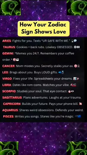 How Your Zodiac Sign Shows Love ❤️ 💫 Every zodiac sign has a unique way of expressing love! 💕 Discover how your sign shows care, passion, and affection 🌙✨ Share if it matches your vibe! #zodiaclove #viralreels #fyp #facebookreels #astrologyfacts #relationshipgoals #zodiacenergy #lovestory #reelitfeelit #trendingaudio | Zodiac Signs Hub