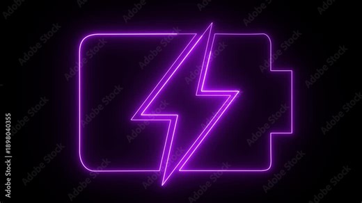 A glowing purple neon battery icon with a lightning bolt symbol, typically used as a charging animation or a technology icon.