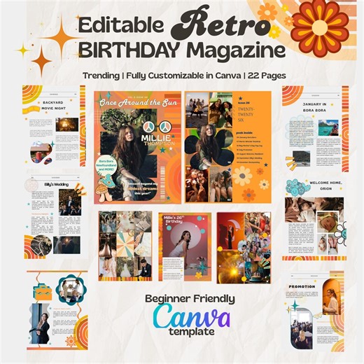Retro Birthday Magazine Canva Editable Template - Personalized Scrapbook Photo Album Customizable Orange - Etsy
