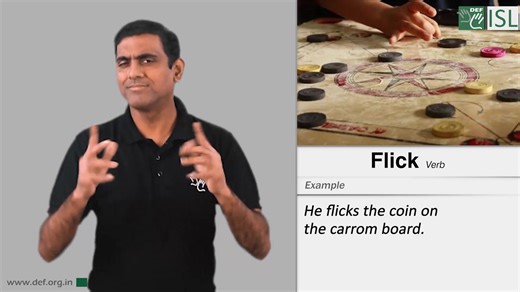4.5K views · 313 reactions | Flick (verb) - Indian Sign Language Meaning - to move or hit something with a short sudden movement: Example - He flicks the coin on the carrom board. #deafenabledfoundation #defisl #app #wordoftheday #learn #education | Deaf Enabled Foundation | Facebook