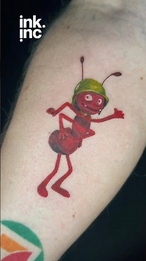 🐜 Cute Cartoon Character Tattoo – Colorful Animated Ant Design on Arm