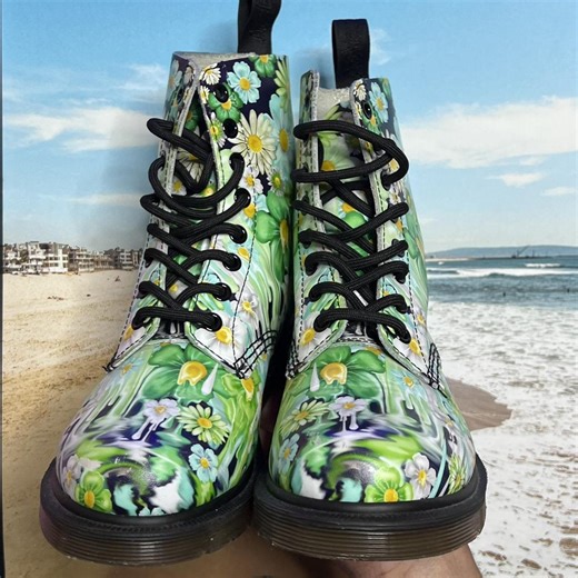 Dr Martens Women's Slime Floral Pascal Boot Green... | Depop