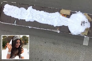 Gypsy bride gets 53ft LORRY to wedding as dress has longest train ever made