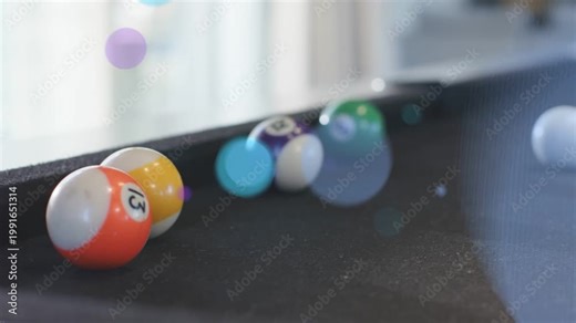 Animated overlays drifting across pool felt nudging balls shifting to rail cueball rolling for shot