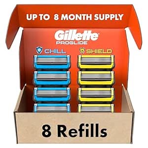 Gillette Mens Razor Blade Refills, 4 ProGlide Chill Cartridges, 4 ProGlide Shield Cartridges, Shields against Skin Irritation, Cools to sooth skin, 8 Count (Pack of 1)