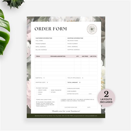 Order Form Template - Editable Canva Order Form for Florists, Bakeries, Freelance and Small Businesses - US Letter & A4 Included - BLOOM - Etsy