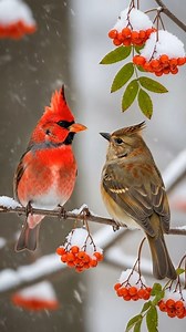 Two crested birds face each other on a snow-dusted branch, surrounded by bright red berries. Soft winter bokeh and gentle snowfall create a calm, cinematic feel—without the effects. #birdwatcher #birdwatching #wildlife #nature #birdslover | Saving Birds