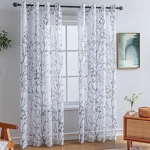 Luvyohmee White Grey Curtains 84 Inch Length 2 Panels Set, Semi Sheer Window Curtain Drapes for Living Room/Bedroom, Gray Nature Tree Branches Patterned Linen Textured Curtains, Grommet Top W52XL84
