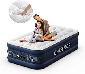 CHERIMOR Twin Air Mattress with Built-in Pump & Luxury Quilted Topper (Washable & Detachable), 20" Raised Comfort, 450lb Support, 2.5 Min Fast Inflate, Blow up Mattress for Guest Camping & Sleepover