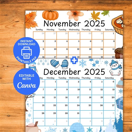November December Calendar 2025 Printable Editable, Ready to Print, Instant Download, Wall Calendar 2025, November December Fillable - Etsy