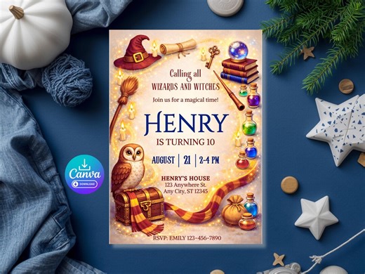 Wizards Witches Birthday Invitation, Wizards Invitation, Magical School Wizardry Birthday Invite, Digital Download, Editable Canva Template - Etsy