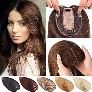 JGS1996 Hair Toppers for Women Real Human Hair Extensions No Bangs with Thinning Hair Wiglets Upgrade 150% Density Silk Base Clip in Hair Pieces Remy Hair Topper