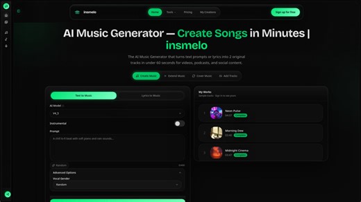 insmelo AI Music Generator: AI music generator creating original, royalty-free songs from text or lyrics in seconds.