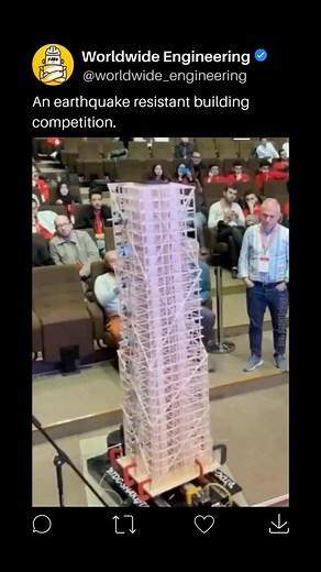WORLDWIDE ENGINEERING 🌍 on Instagram: "An earthquake-resistant building competition is an event where participants design and construct models of buildings that can withstand simulated seismic activity. The goal is to test various structural designs and materials to see which can endure the shaking forces of an earthquake. Teams often build small-scale structures, incorporating engineering principles like base isolation, flexible frameworks, and reinforced joints. These models are then placed o