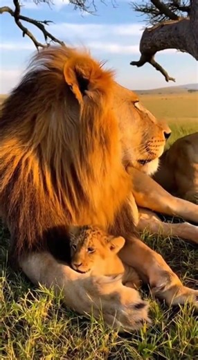 Father lion surprised under the tree 🦁 | 木陰で unexpected encounter #wildlife #lionking #nature