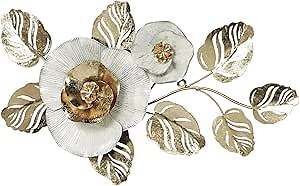 Touch of Class Summer Reflections Floral Style Metal Wall Art | Ivory, Silver, Gold | Leaves with Flowers | Botanical Artwork for Bedroom, Living Room, Bathroom, Hallway, Entryway