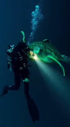 Ancient Sea Turtle Appears From the Darkness — Diver Frozen in Awe”