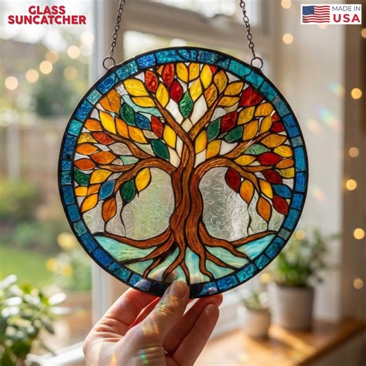 Personalized Stained Glass Tree of Life Suncatcher, Trees Suncatcher, Minimal Home Decor, Nature Decor, Nature Lover, Tree Home Decor - Etsy