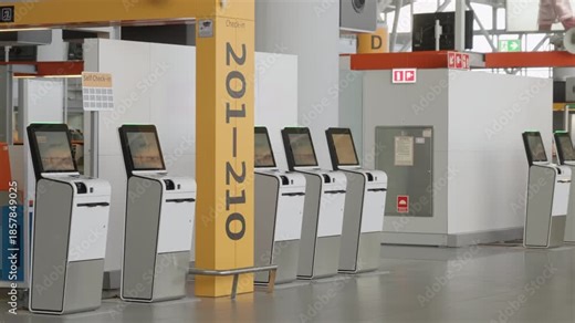 Empty self-service check-in machines with touch screens at airport terminal. Row of automated kiosks for flight registration standing near yellow numbered pillar in departure hall.