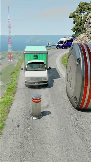 Cars & Ambulance Van vs Giant Pit Bollards Crash - BeamNG.drive