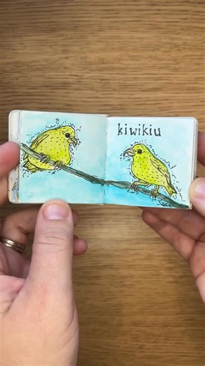Sara Ricer 🍉 makes stuff. on Instagram: "I FINALLY FINISHED THE MINI BOOK OF MANU!! I started drawing/painting these little ones back in October for #Inktober/#Birdtober/#Manutober and I finally filled the whole book! Yayayyyyy @alohaposthi @birds_hawaii_pastpresent @birdsnotmosquitoes Audio ID: Calming acoustic piano music with a major pentatonic-ish tonality and simultaneous triple and duple meter rhythms Visual ID: Slighly sped-up overhead video of two hands flipping through a small 2 inch b