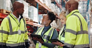 Distribution, teamwork and tablet in warehouse for logistics training, service delivery and inventory management. Inspection, people and supply chain instructions for stock control in staff meeting