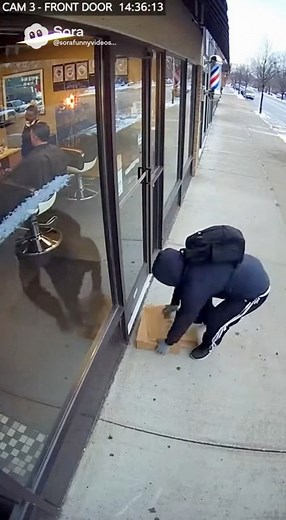 This porch pirate picked the worst place to steal from! 💈📦💥 A barbershop security cam catches a thief snatching a package off the sidewalk—only for it to explode in a massive cloud of glitter the moment they lift it. The pirate panics, slips on the sidewalk, and runs off looking like a walking disco ball while the barbers inside laugh through the window. 😂✨ Quick karma. Big laughs. Another Sora Funny Videos classic! 🚪📹🔥 | Sora Funny Videos