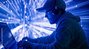A man in a white hat testing website security on a laptop screen illuminated by a blue light, A white hat hacker testing the security of a website