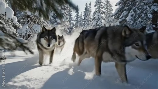 A Pack of Wolves Running Through a Snowy Forest.