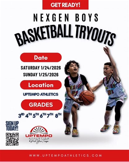 UPTEMPO ATHLETICS BASKETBALL ACADEMY on Instagram: "🏀 UPTEMPO ATHLETICS BOYS & GIRLS TRYOUTS 🏀 Uptempo Athletics will be hosting boys and girls basketball tryouts for the following grade divisions: ⸻ 3rd, 4th & 5th Grade Tryouts 📅 Saturday, January 24, 2026 🕝 Check-In: 2:30 PM 🕒 Tryout Time: 3:00 – 4:30 PM ⸻ 6th, 7th & 8th Grade Tryouts 📅 Sunday, January 25, 2026 🕒 Check-In: 3:00 PM 🕞 Tryout Time: 3:30 – 5:00 PM ⸻ 👕 REGISTRATION & JERSEY INFORMATION • All participants must wear a Black 