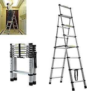 Step Telescopic Ladder, 7.5ft A-Frame Aluminum Extendable Lightweight Ladder, 330lbs Capacity, Anti-Slip Footpad, for Painting or Decorating Rooms