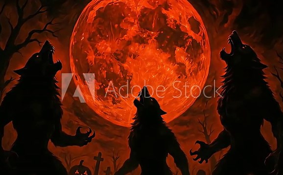 Three Werewolves Howling at a Blood Red Moon in a Spooky Forest Scene