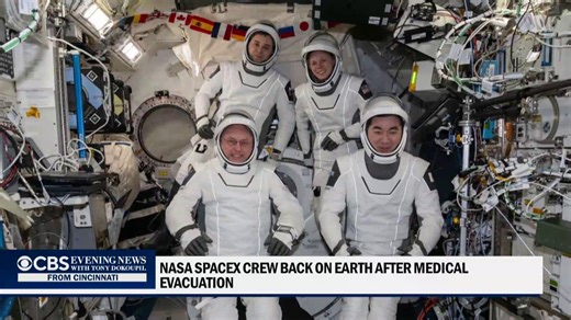 Four space station fliers are back on Earth six days after NASA ordered them home early because of a medical issue. https://cbsn.ws/3LhF4W7 | CBS Evening News