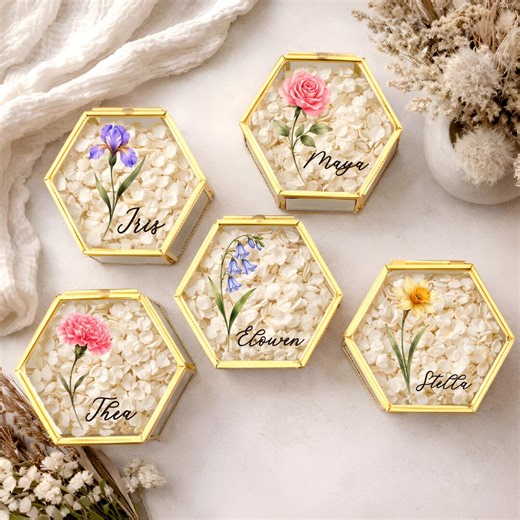 Personalized Ring Box, Custom Hexagon Glass Ring Box, Wedding Engagement Ring Box, Ring Bearer Box, Personalized Birth Month Flowers Box - Etsy