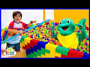 Ryan Pretend Play Fishing in the Giant Lego Box Fort Ball Pits for animals! - Videos For Kids