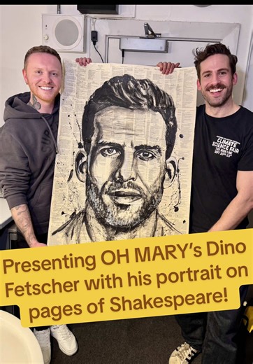 Presenting @dinofetscher with his portrait, crafted onto pages of SHAKESPEARE! Inspired by his ‘Mary’s teacher’ character in @OH, MARY! 💛 The show is incredibly bonkers & hilarious! 🤣 Currently playing at London’s West End @traftheatre @trafalgarent @ohmaryplay #ohmary #nathanwyburn #dinofetscher #artistsontiktok #fyp