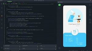 Interfaz de programación oscura para UX de aplicaciones móviles, desarrollo de interfaz de usuario con líneas de código en ejecución. Proceso De Codificación Detrás Del Diseño De Aplicaciones De Entrega De Alimentos. Plantilla para pantallas y portátiles de escritorio.